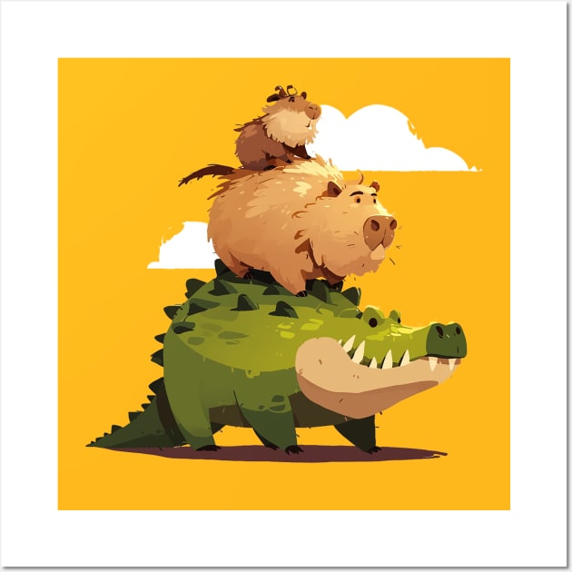 capybara ride crocodile Wall Art by Stephanie Francoeur Art